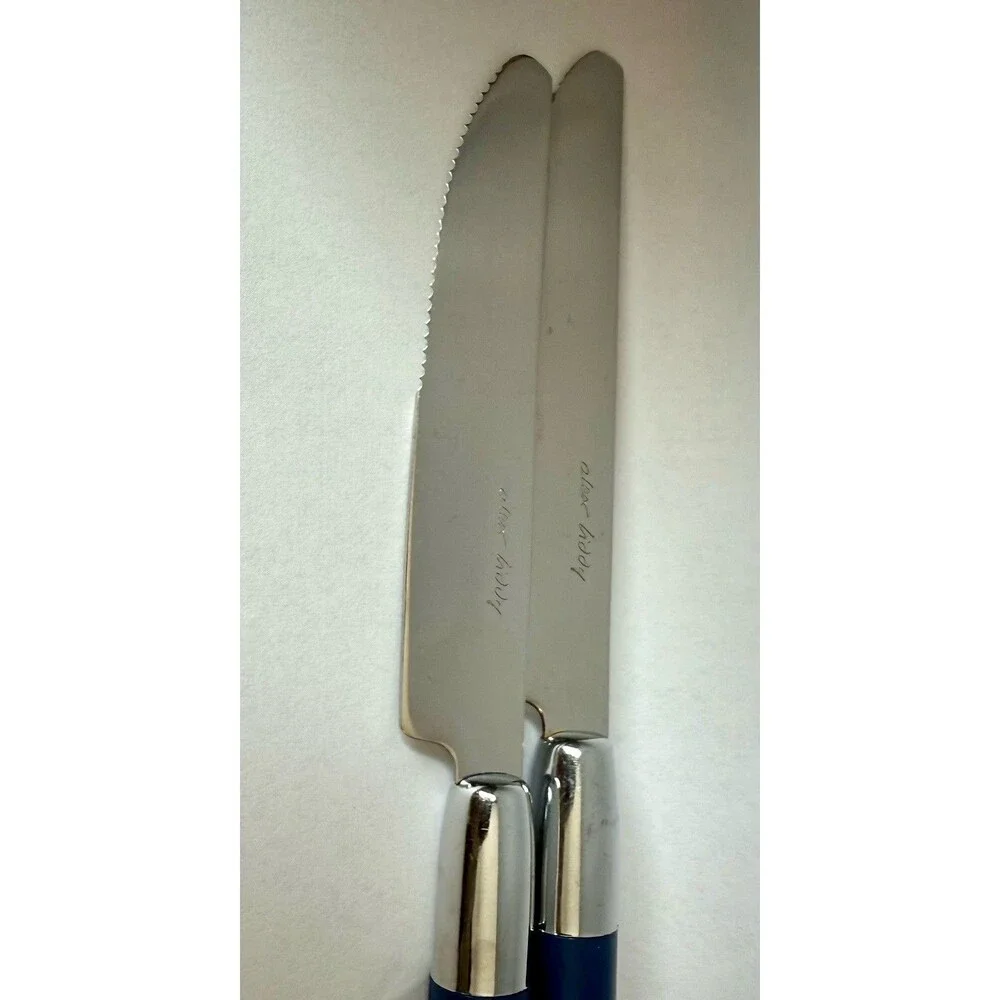 Two Alex Liddy Serrated Steak Knives With Navy Blue Resin Handles